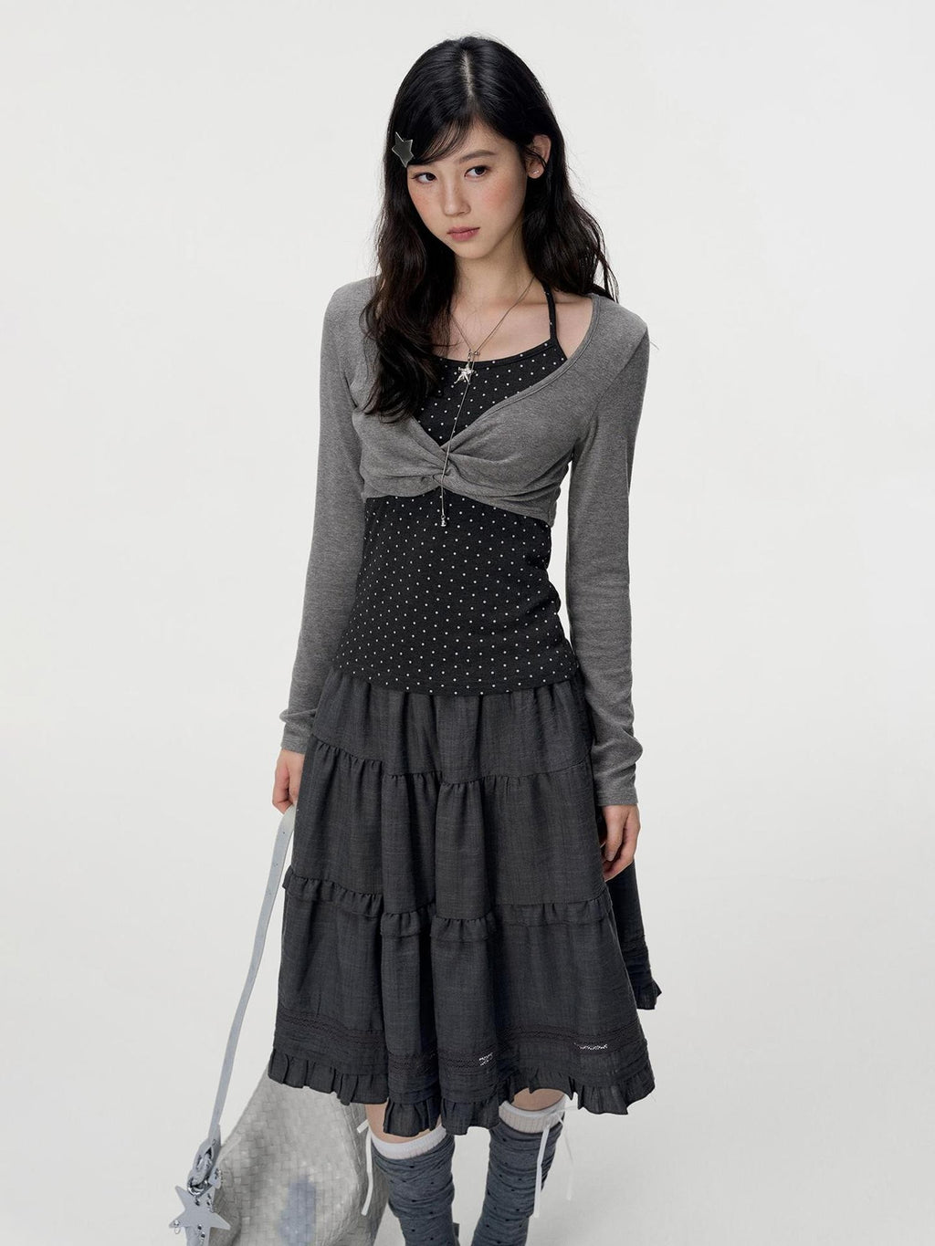 VEEMIX Polka Dot Mock Layer Twist Slim Fit Women's Cotton Long Sleeve T-shirts