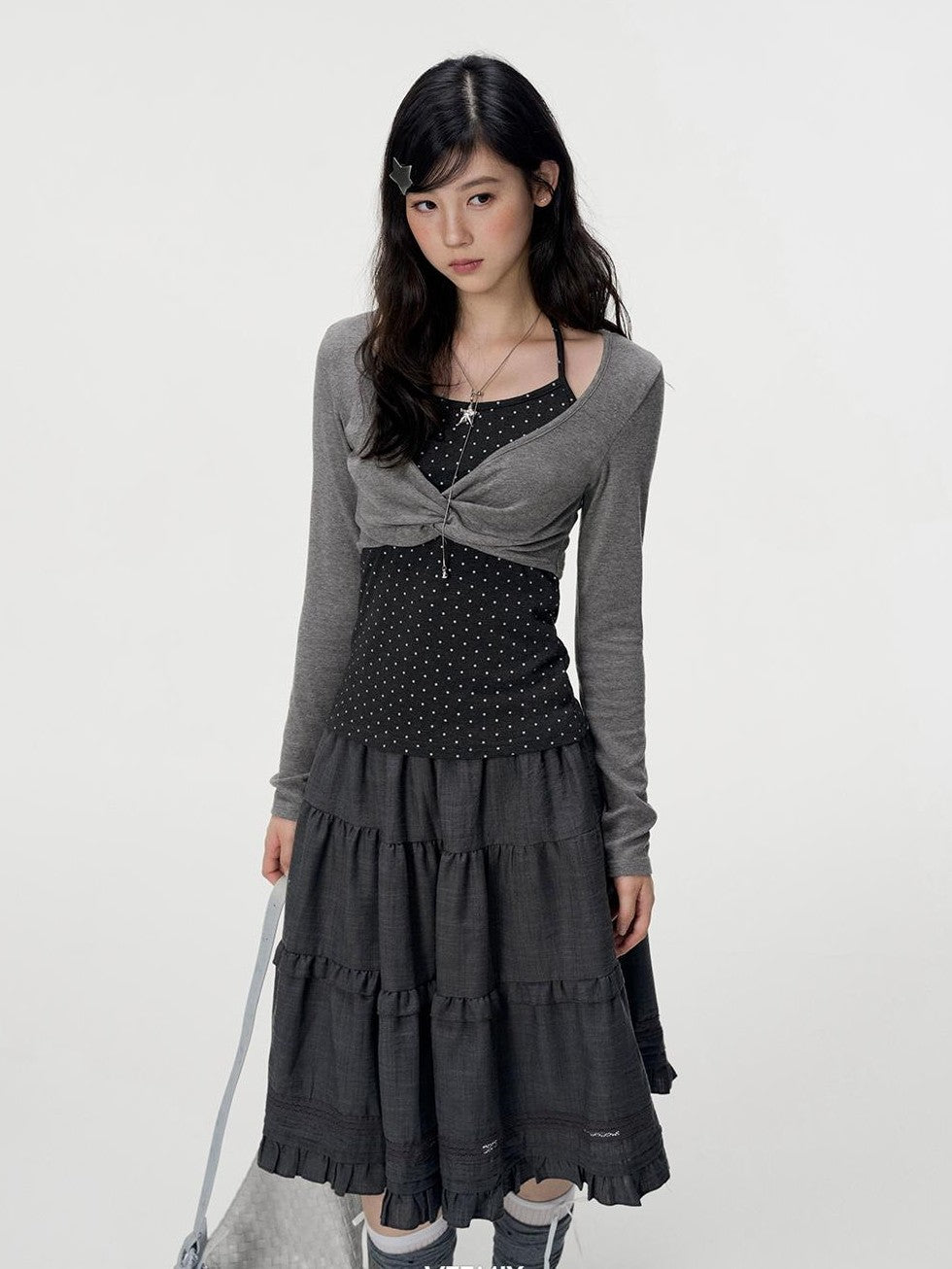 VEEMIX Polka Dot Mock Layer Twist Slim Fit Women's Cotton Long Sleeve T-shirts