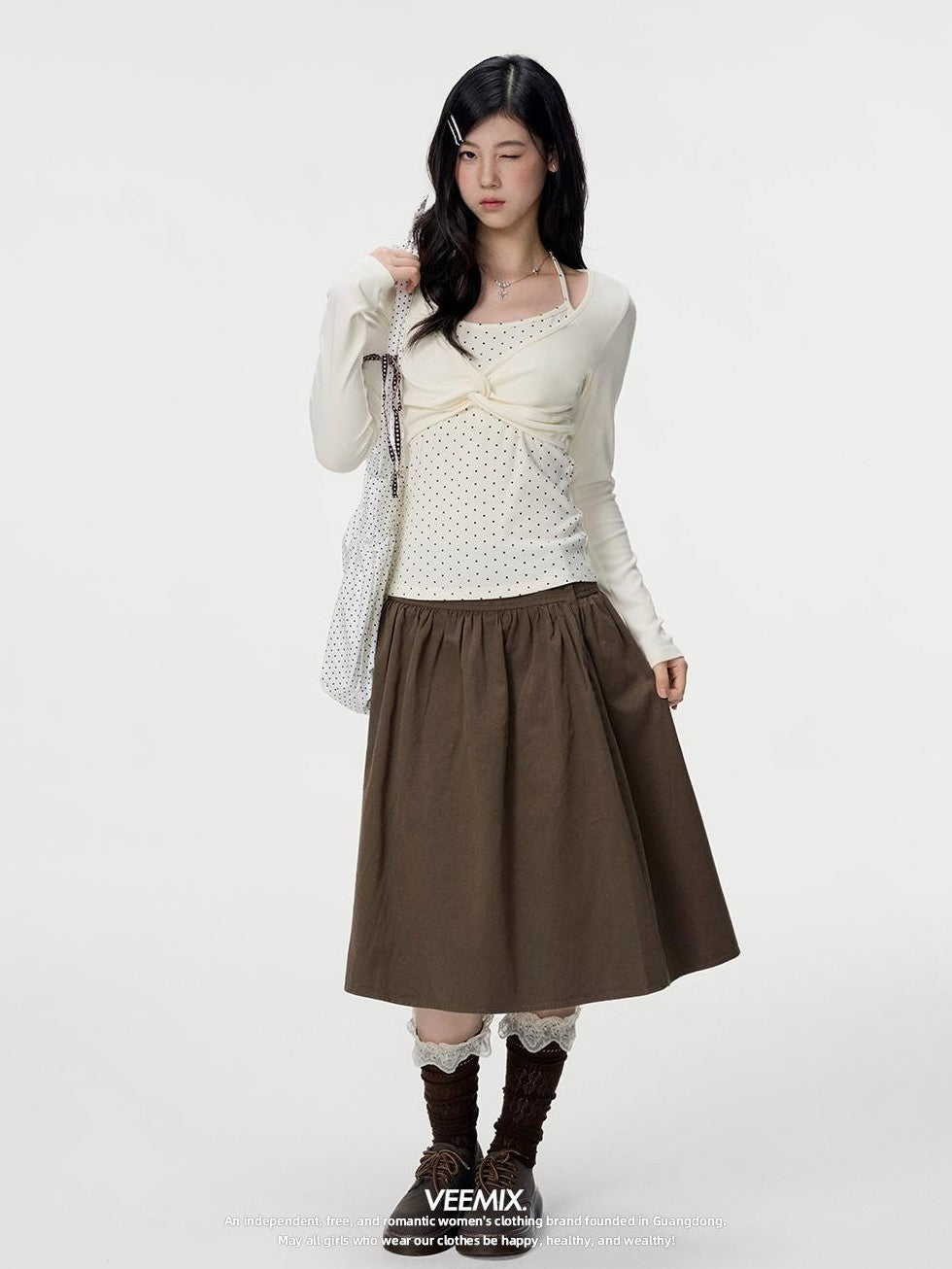 VEEMIX Polka Dot Mock Layer Twist Slim Fit Women's Cotton Long Sleeve T-shirts