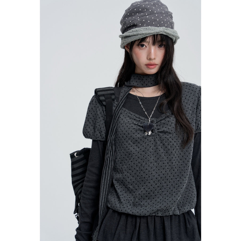 VEEMIX_Polka_Dot_Puff_Sleeve_Two_Piece_Slim_Fit_Women's_Tencel_Long_Sleeve_T-shirts_1084007442994_MISSTT