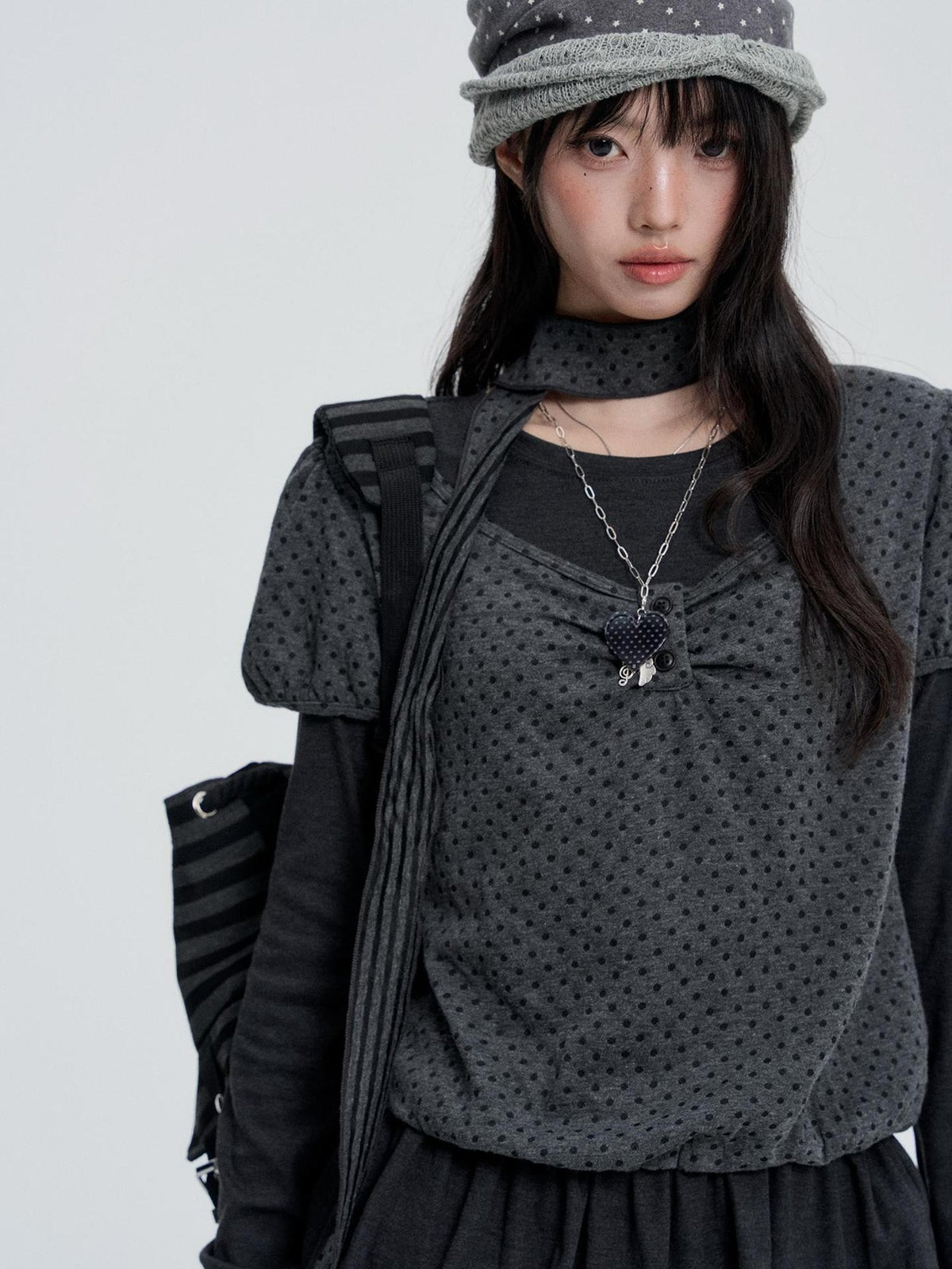 VEEMIX Polka Dot Puff Sleeve Two Piece Slim Fit Women's Tencel Long Sleeve T-shirts