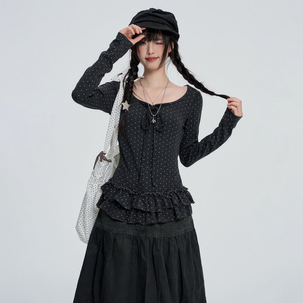 VEEMIX_Polka_Dot_Ruffle_Hem_Lace_Up_Slim_Fit_Women's_Cotton_Long_Sleeve_T-shirts_1086611336422_MISSTT