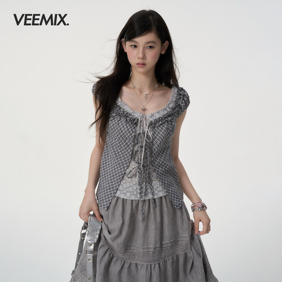 VEEMIX_Puff_Sleeve_Lace_Ruffle_Plaid_Asymmetric_Hem_Layered_Women's_Cotton_Tank_Tops_1054882965345_MISSTT