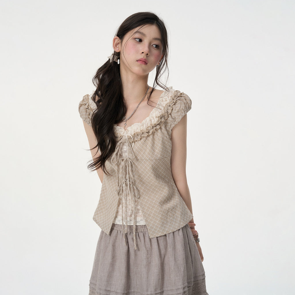VEEMIX_Puff_Sleeve_Lace_Ruffle_Plaid_Asymmetric_Hem_Layered_Women's_Cotton_Tank_Tops_1054882965345_MISSTT