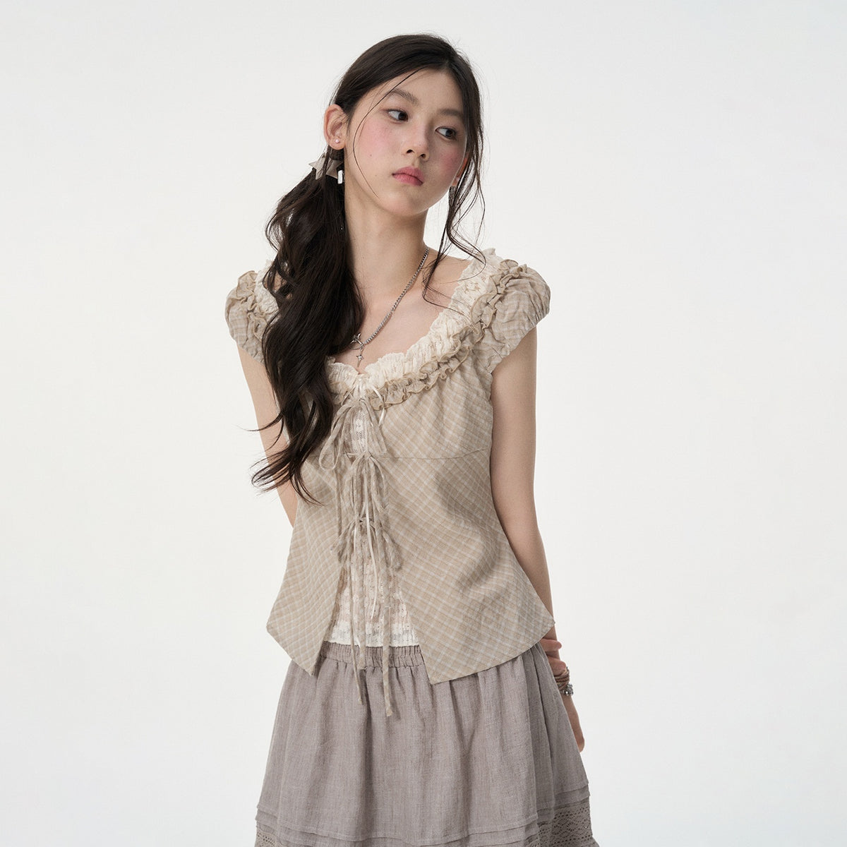 VEEMIX_Puff_Sleeve_Lace_Ruffle_Plaid_Asymmetric_Hem_Layered_Women's_Cotton_Tank_Tops_1054882965345_MISSTT