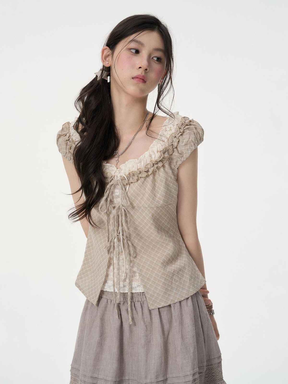 VEEMIX Puff Sleeve Lace Ruffle Plaid Asymmetric Hem Layered Women's Cotton Tank Tops