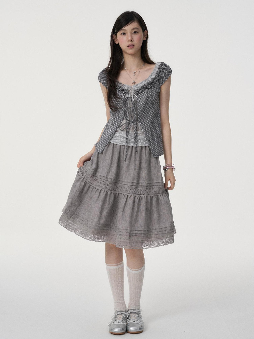 VEEMIX Puff Sleeve Lace Ruffle Plaid Asymmetric Hem Layered Women's Cotton Tank Tops