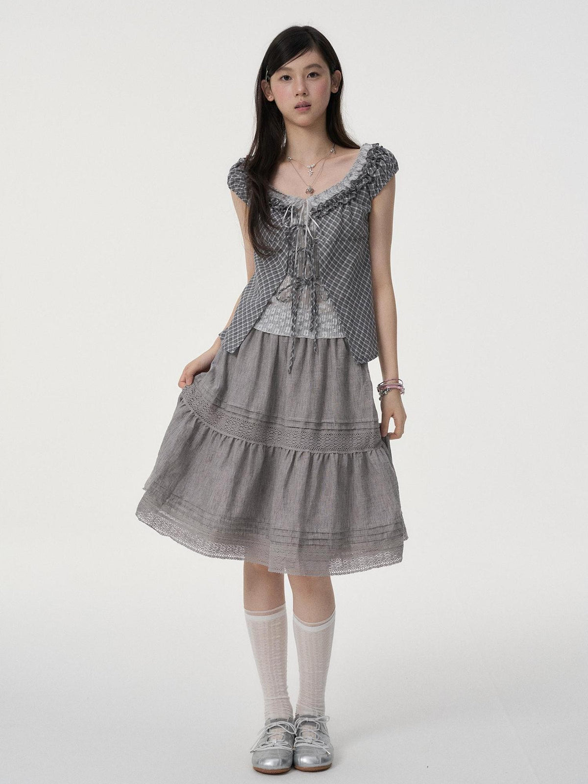VEEMIX Puff Sleeve Lace Ruffle Plaid Asymmetric Hem Layered Women's Cotton Tank Tops