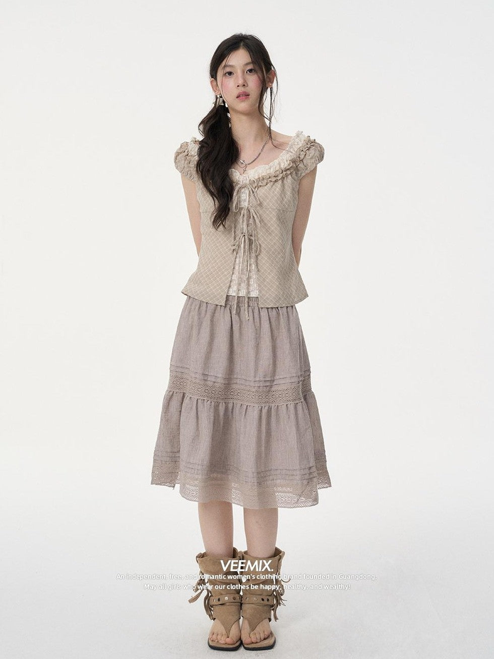 VEEMIX Puff Sleeve Lace Ruffle Plaid Asymmetric Hem Layered Women's Cotton Tank Tops