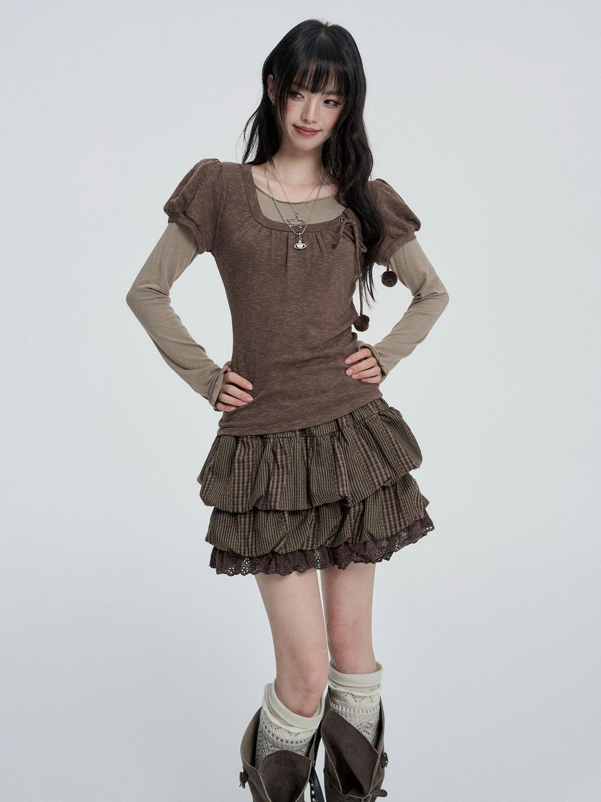 VEEMIX Puff Sleeve Solid Color Two Piece Slim Fit Sweet Women's Cotton Long Sleeve T-shirts