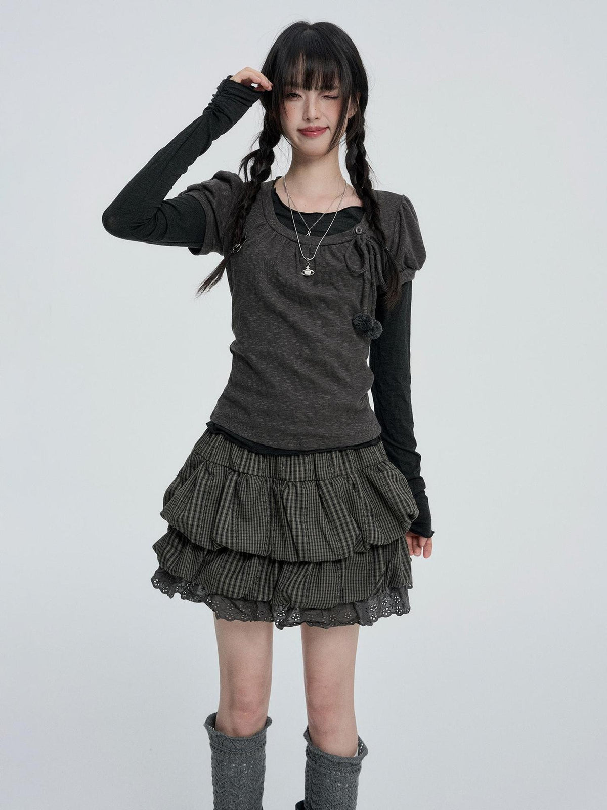 VEEMIX Puff Sleeve Solid Color Two Piece Slim Fit Sweet Women's Cotton Long Sleeve T-shirts