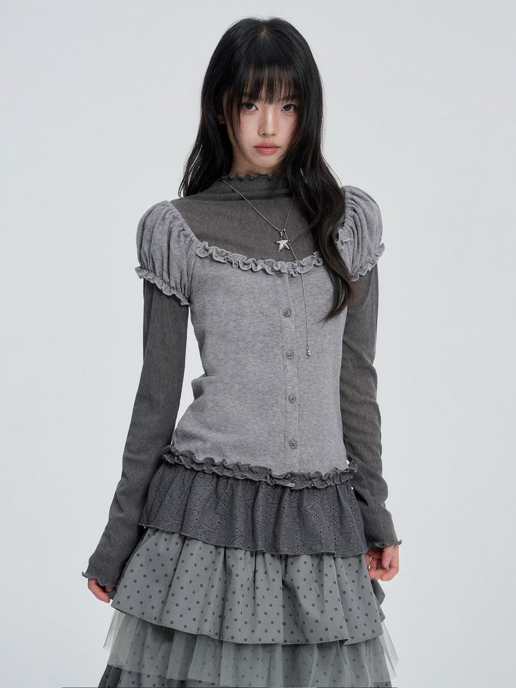 VEEMIX Puff Sleeve Two Piece Color Block Round Neck Women's Cotton Long Sleeve T-shirts