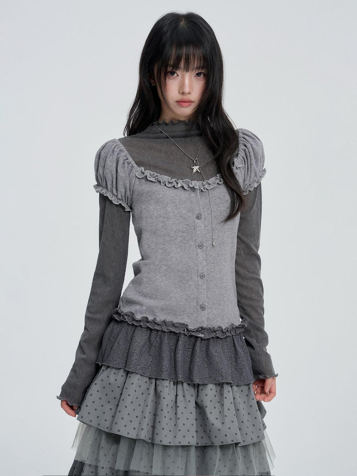 VEEMIX Puff Sleeve Two Piece Color Block Round Neck Women's Cotton Long Sleeve T-shirts