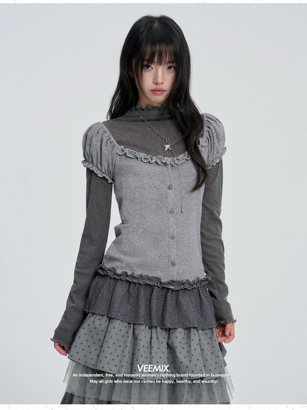 VEEMIX Puff Sleeve Two Piece Color Block Round Neck Women's Cotton Long Sleeve T-shirts