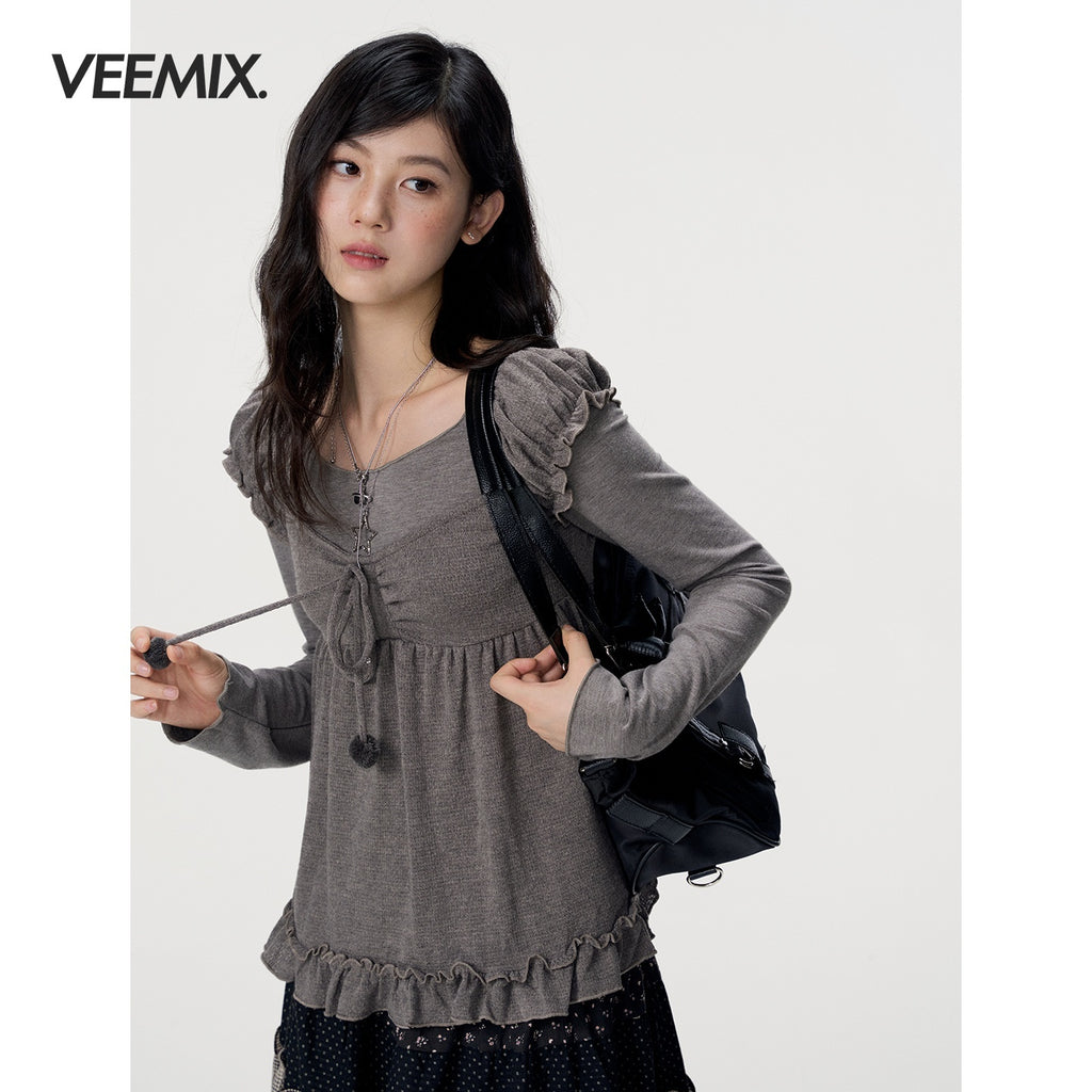 VEEMIX_Puff_Sleeve_Two_Piece_Solid_Color_Slim_Fit_Women's_Cotton_Long_Sleeve_T-shirts_1072711518682_MISSTT