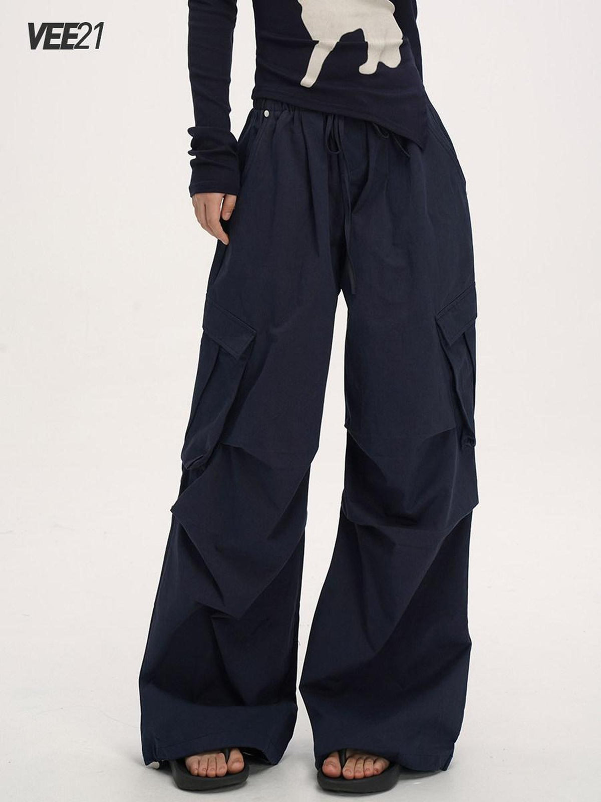 VEEMIX Relaxed Pleated Pocket Mid Low Waist Women's Other Fabric Cargo Pants