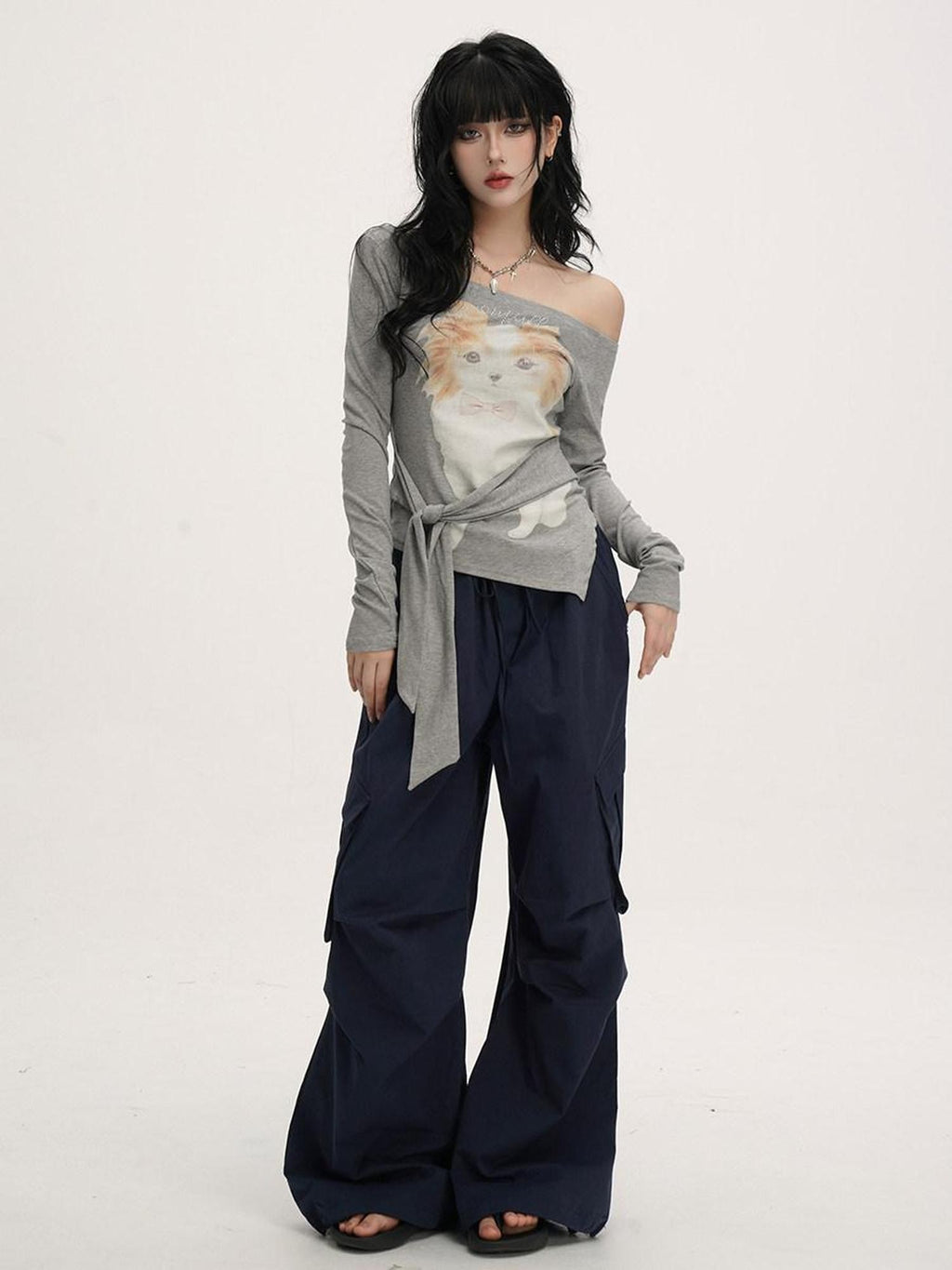 VEEMIX Relaxed Pleated Pocket Mid Low Waist Women's Other Fabric Cargo Pants