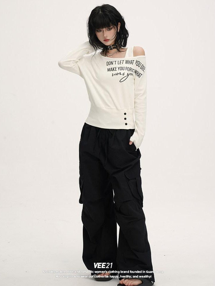 VEEMIX Relaxed Pleated Pocket Mid Low Waist Women's Other Fabric Cargo Pants