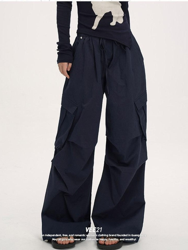 VEEMIX Relaxed Pleated Pocket Mid Low Waist Women's Other Fabric Cargo Pants