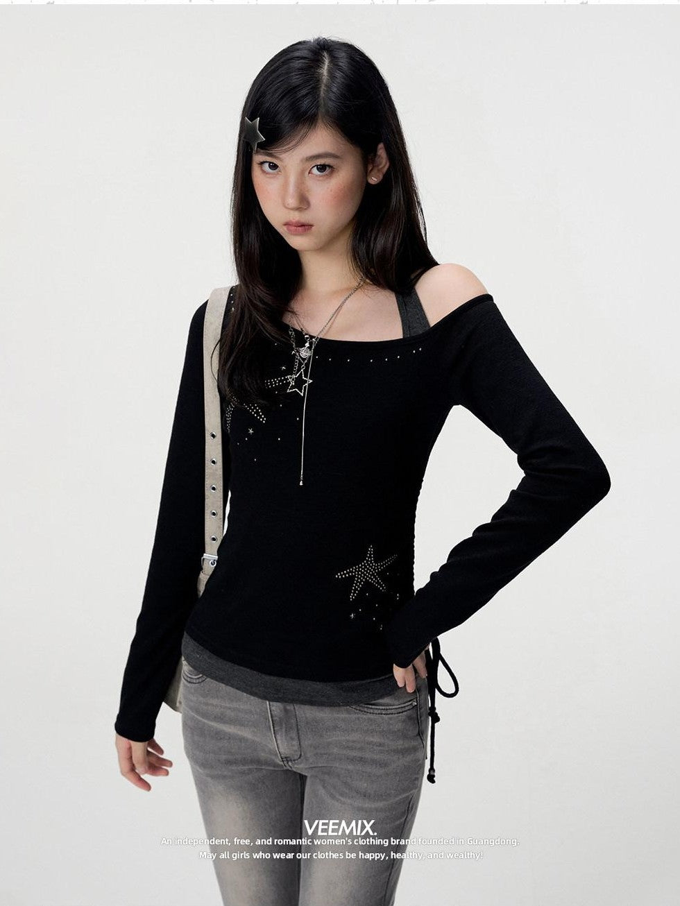 VEEMIX Rhinestone Star Faux Two Piece Halter Women's Cotton Long Sleeve T-shirts