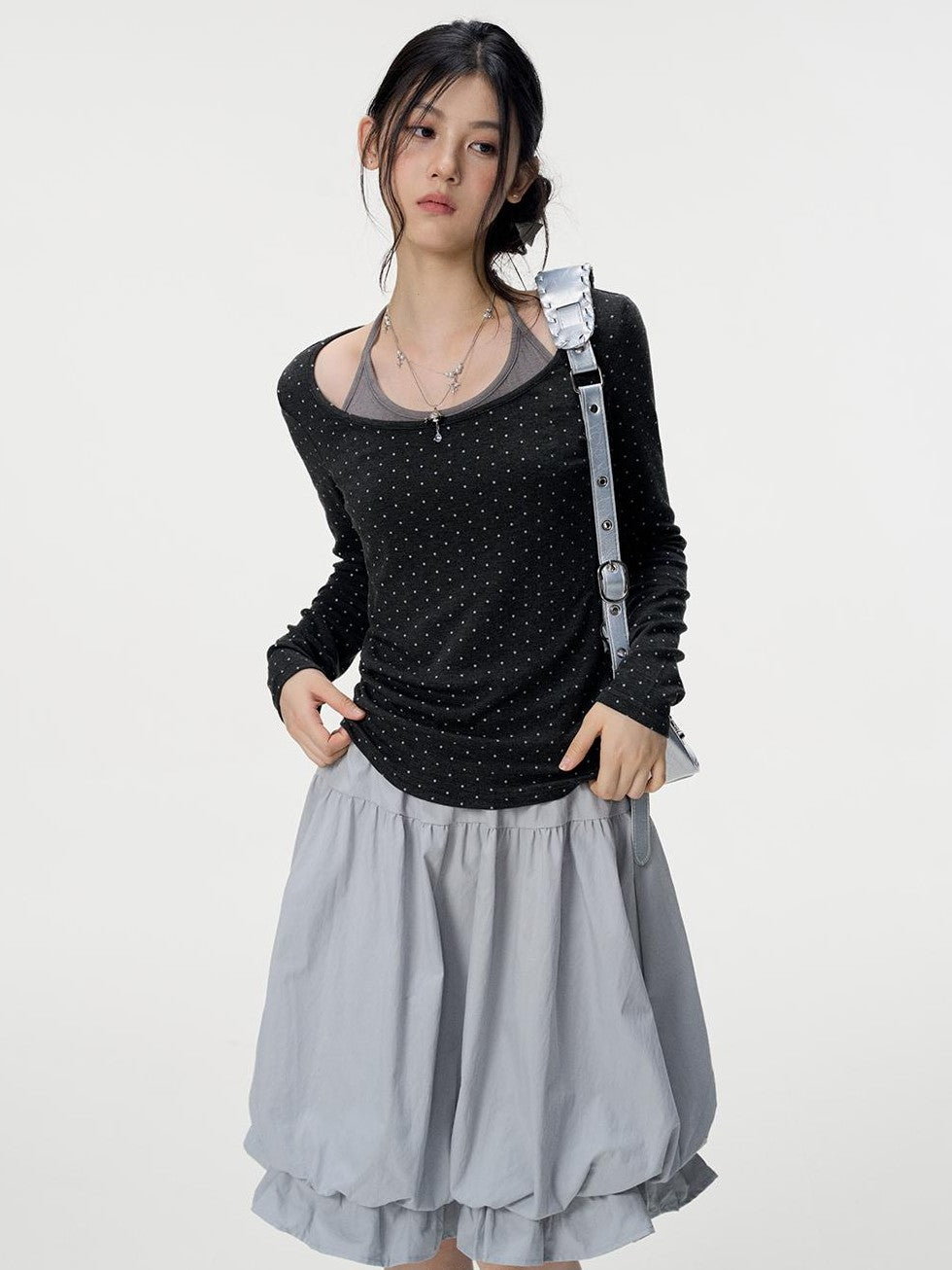 VEEMIX Ruched Bubble Hem Cotton Blend Women's Midi Skirts