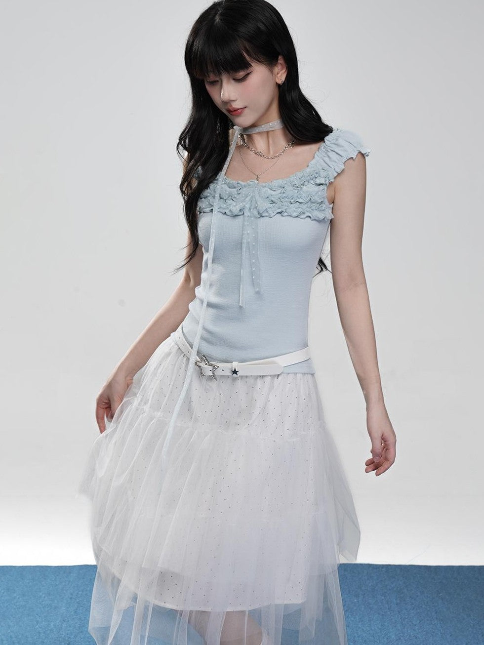 VEEMIX Ruched Lace Square Neck Slim Fit Cropped High Stretch Women's Cotton Tank Tops