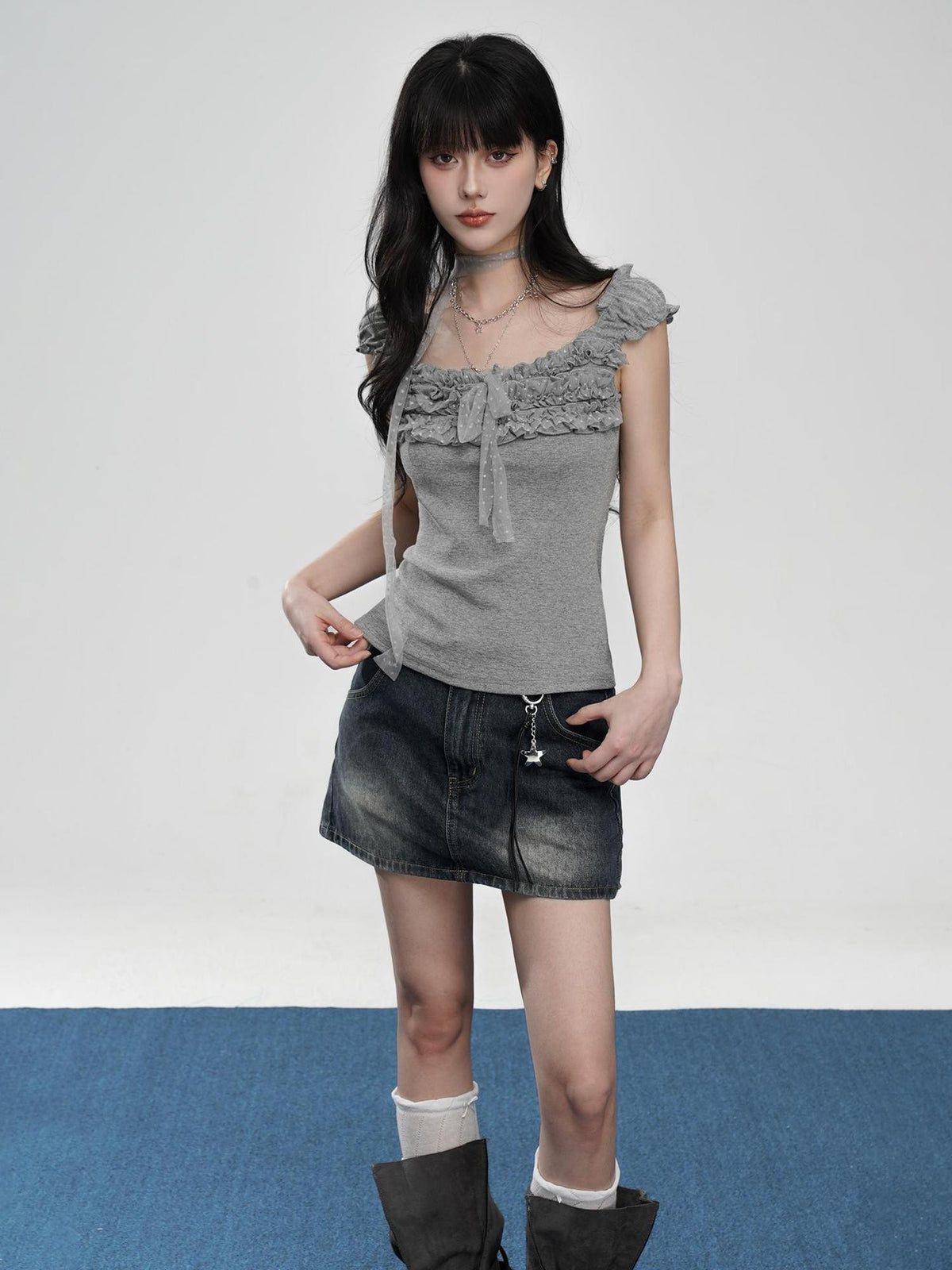 VEEMIX Ruched Lace Square Neck Slim Fit Cropped High Stretch Women's Cotton Tank Tops