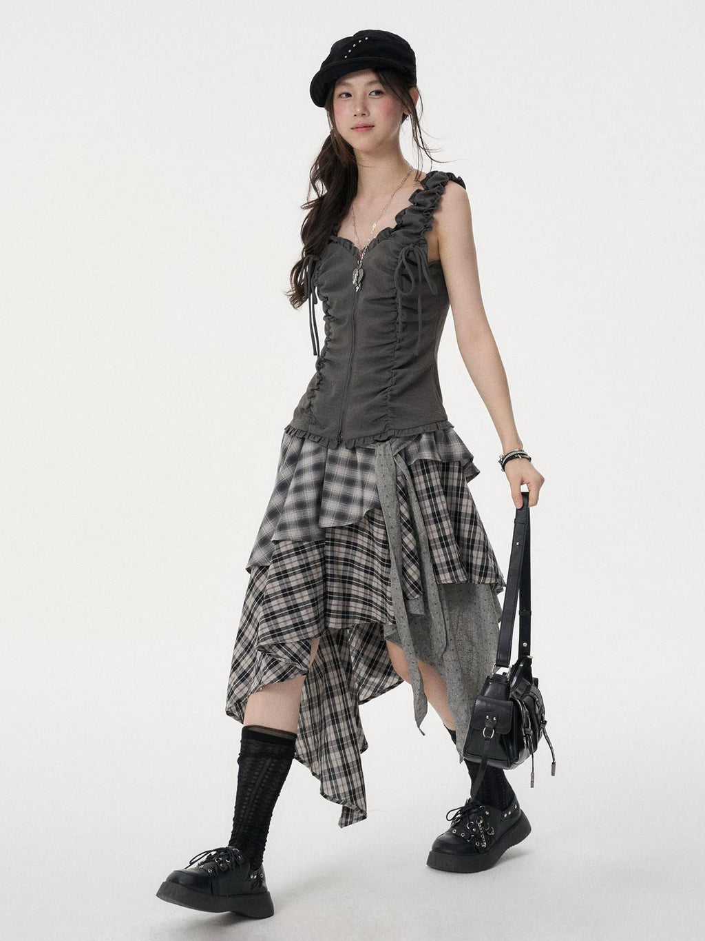 VEEMIX Ruching Zipper V-neck Slim Strappy Women's Polyester Cotton Blend Tank Tops