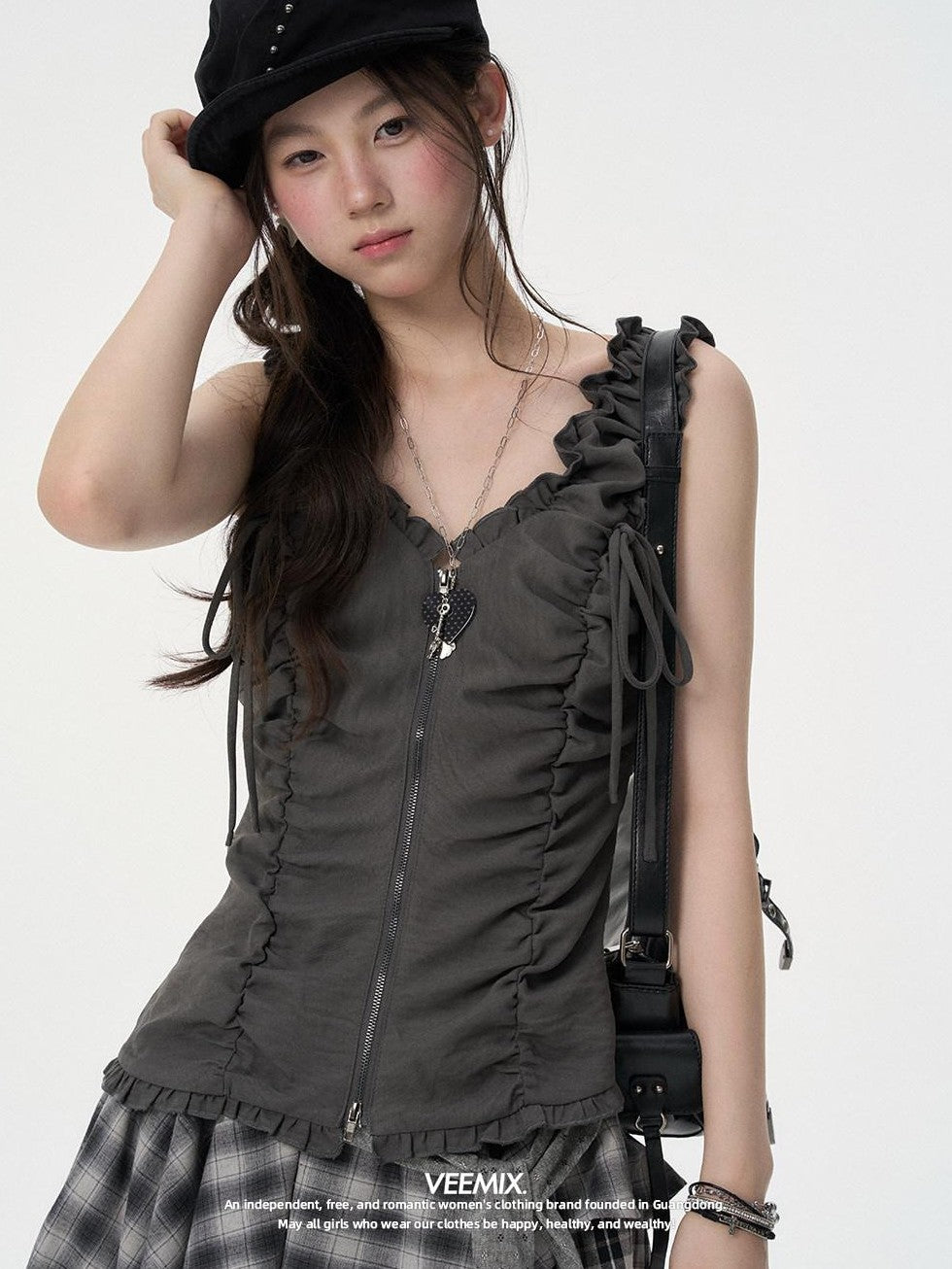VEEMIX Ruching Zipper V-neck Slim Strappy Women's Polyester Cotton Blend Tank Tops