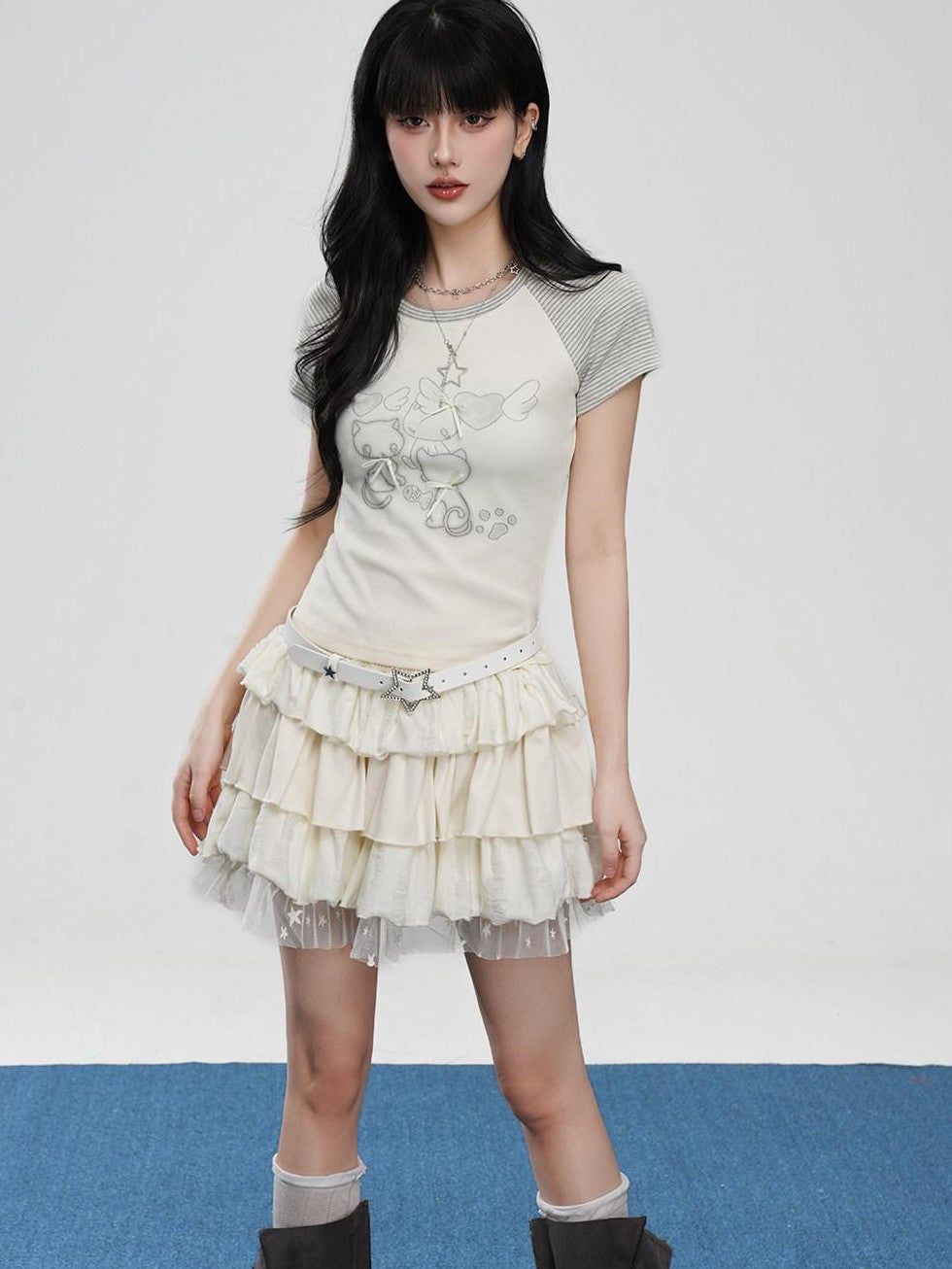 VEEMIX Ruffled Lace High Waist A Line Women's Polyester Rayon Spandex Tiered Skirts
