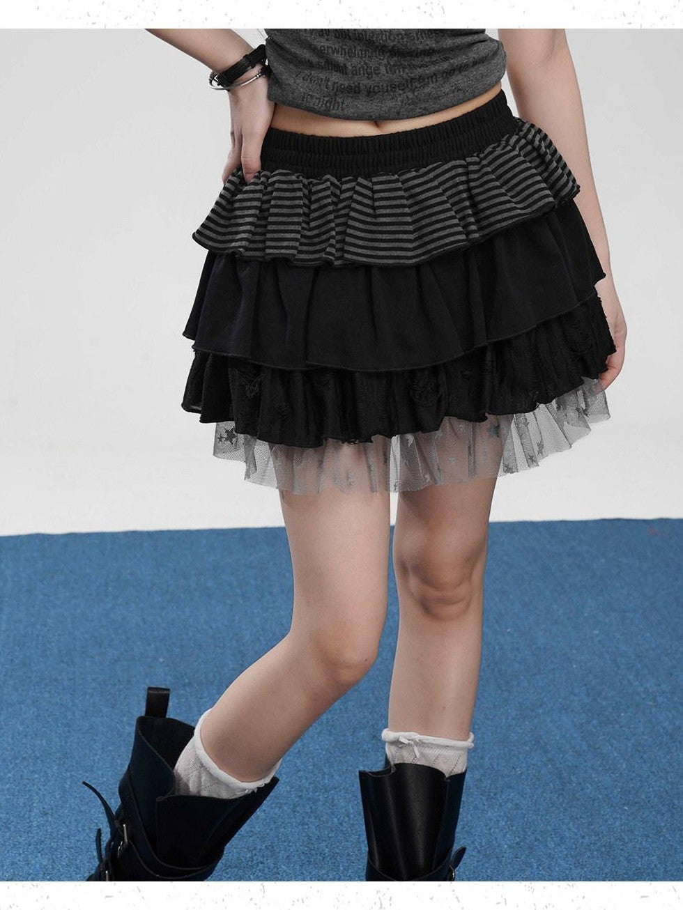 VEEMIX Ruffled Lace High Waist A Line Women's Polyester Rayon Spandex Tiered Skirts