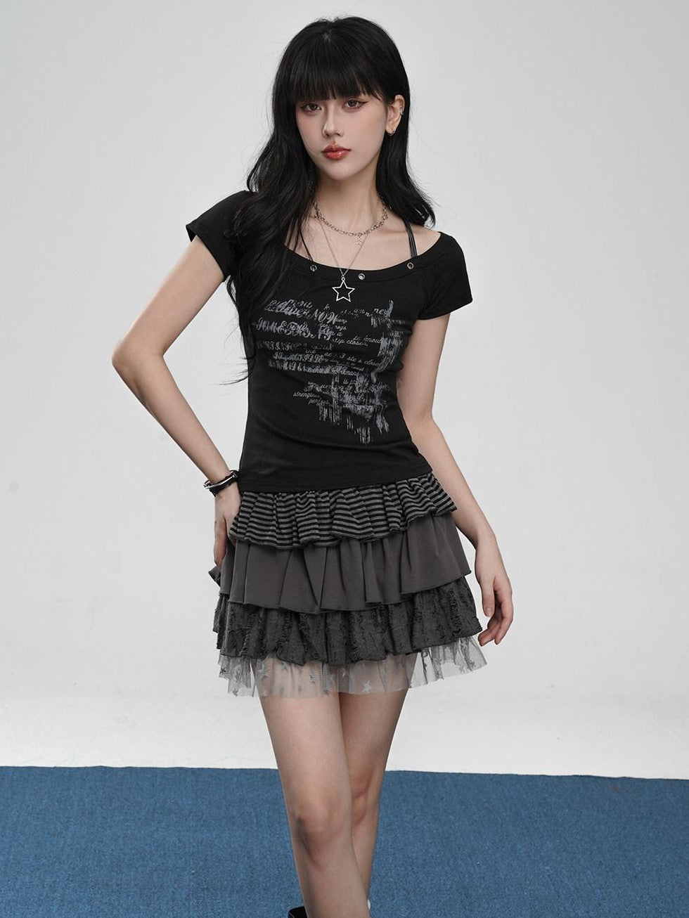 VEEMIX Ruffled Lace High Waist A Line Women's Polyester Rayon Spandex Tiered Skirts