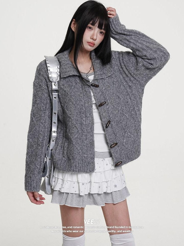 VEEMIX Scarlet Turn Down Collar Cable Knit Single Breasted Women's Wool Blend Cardigans