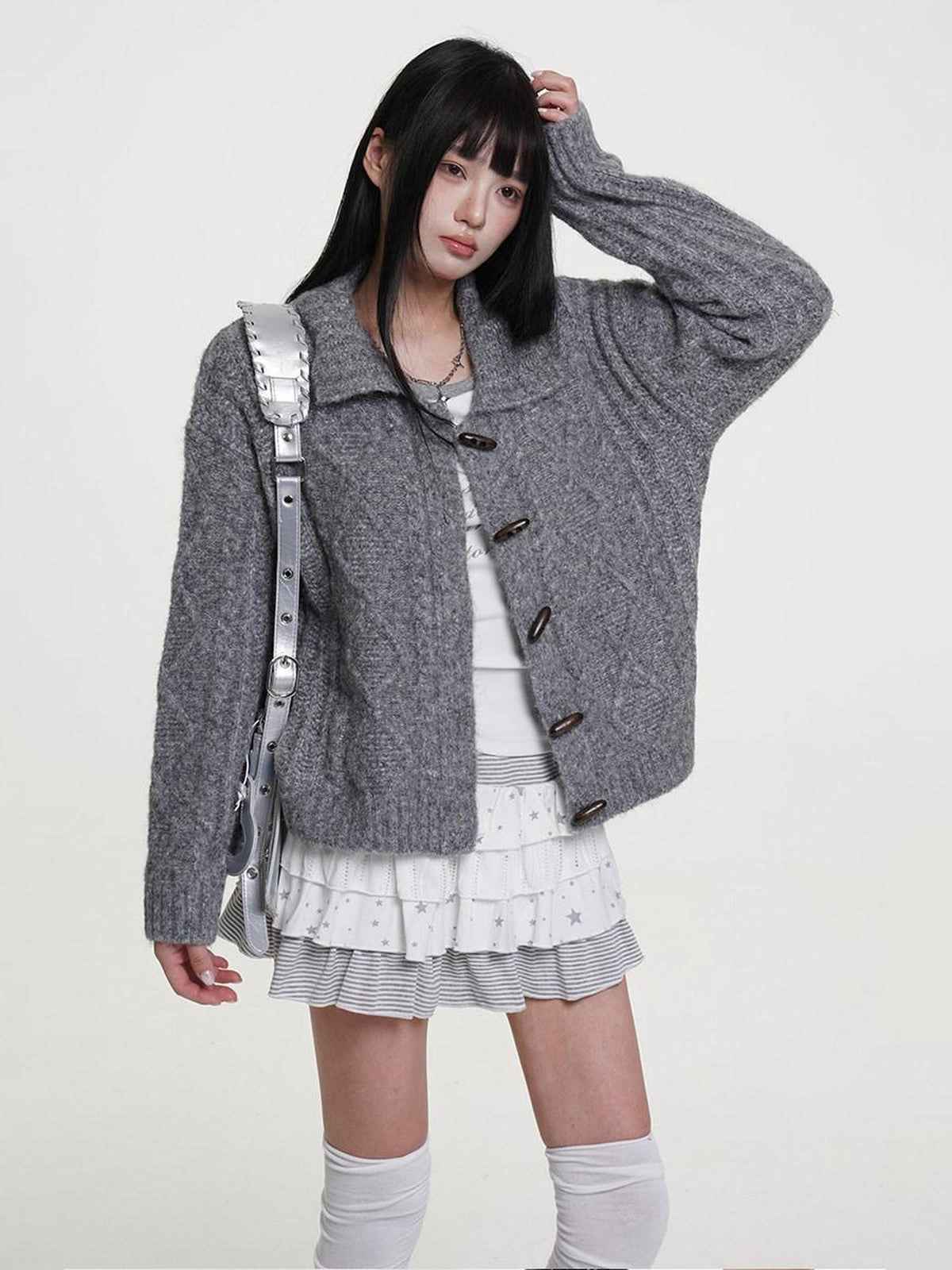 VEEMIX Scarlet Turn Down Collar Cable Knit Single Breasted Women's Wool Blend Cardigans