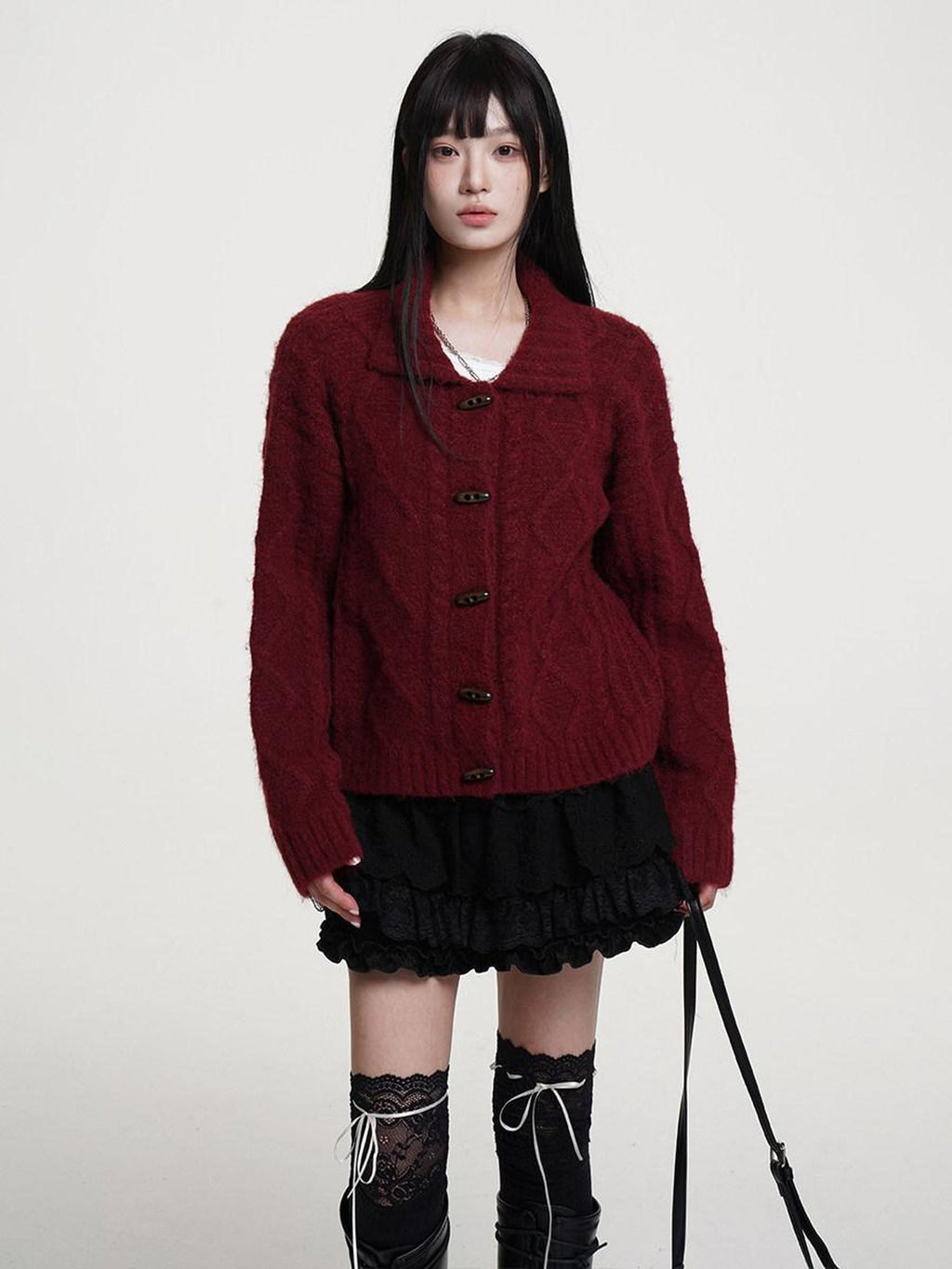 VEEMIX Scarlet Turn Down Collar Cable Knit Single Breasted Women's Wool Blend Cardigans