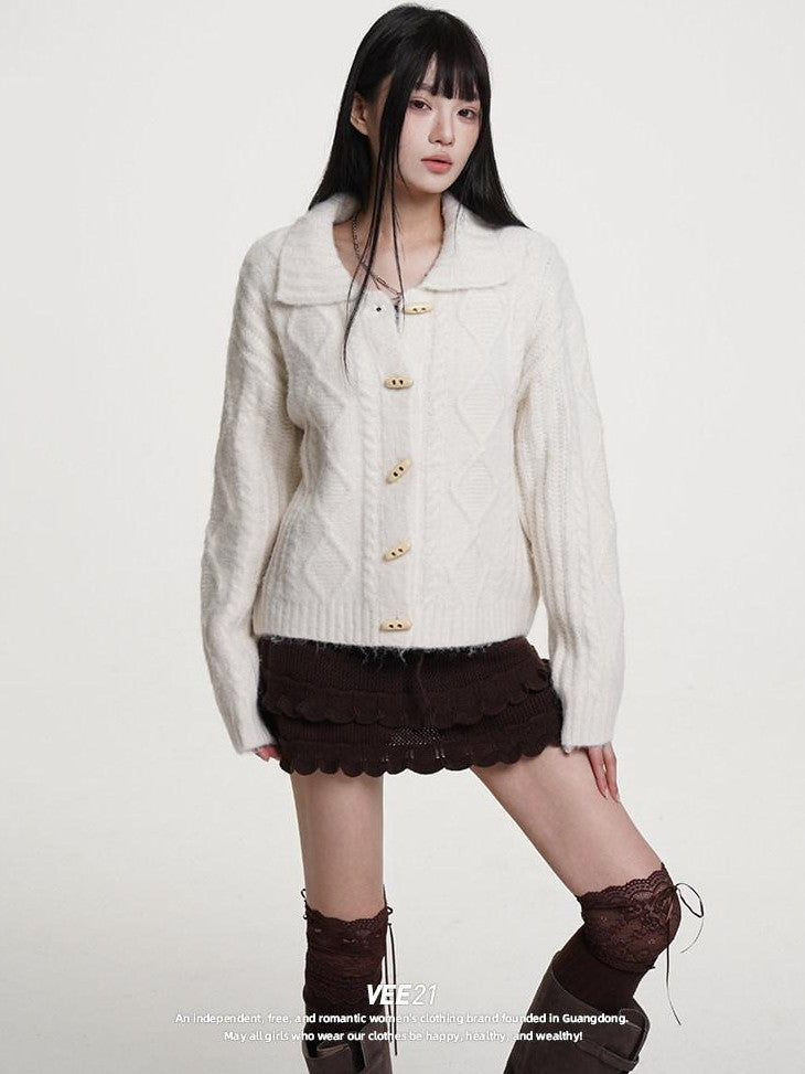 VEEMIX Scarlet Turn Down Collar Cable Knit Single Breasted Women's Wool Blend Cardigans