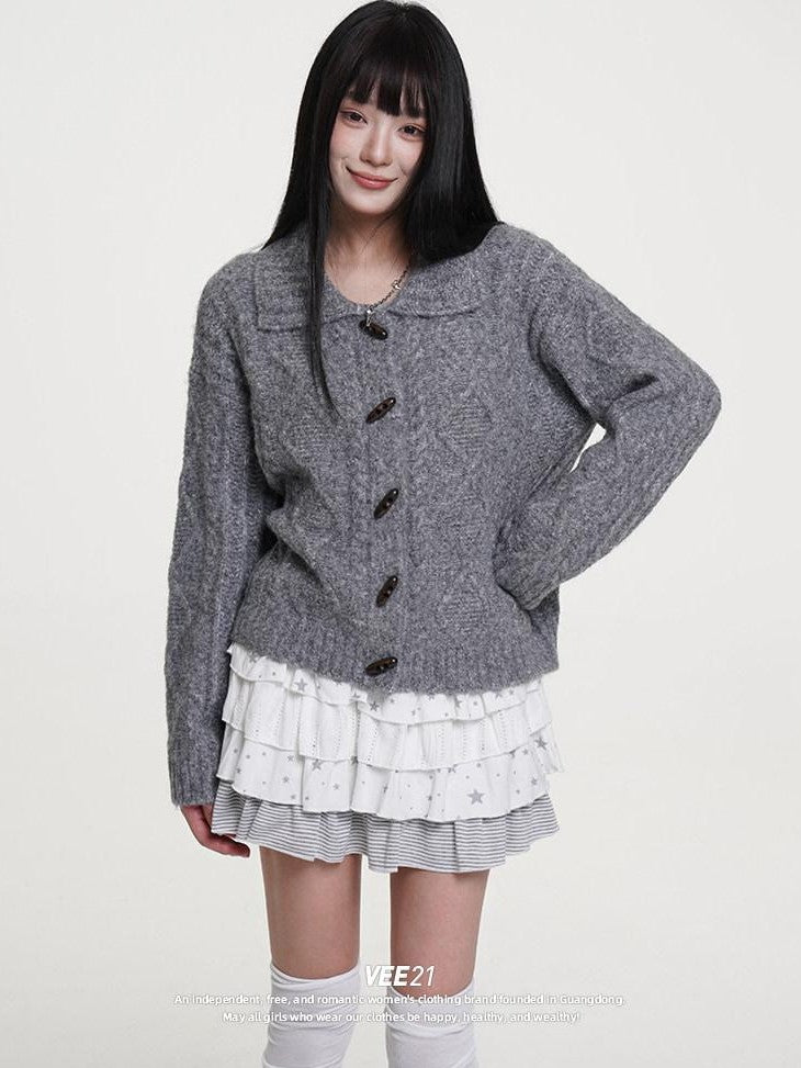 VEEMIX Scarlet Turn Down Collar Cable Knit Single Breasted Women's Wool Blend Cardigans