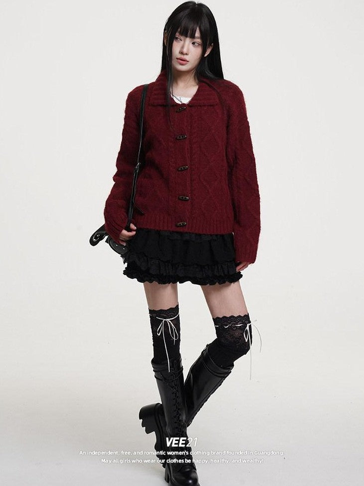 VEEMIX Scarlet Turn Down Collar Cable Knit Single Breasted Women's Wool Blend Cardigans