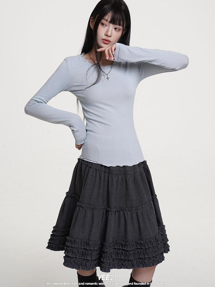 VEEMIX Sky Blue Lettuce Edge Slim Fit Women's Cotton Blend Long Sleeve T-shirts
