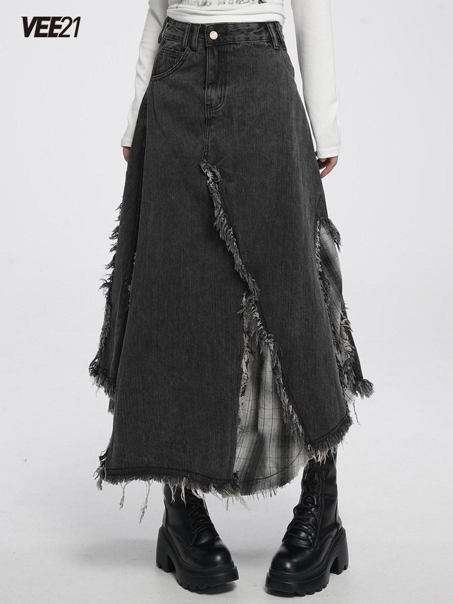 VEEMIX Smoky Gray Asymmetrical A Line Patchwork Distressed Women's Denim Maxi Skirts