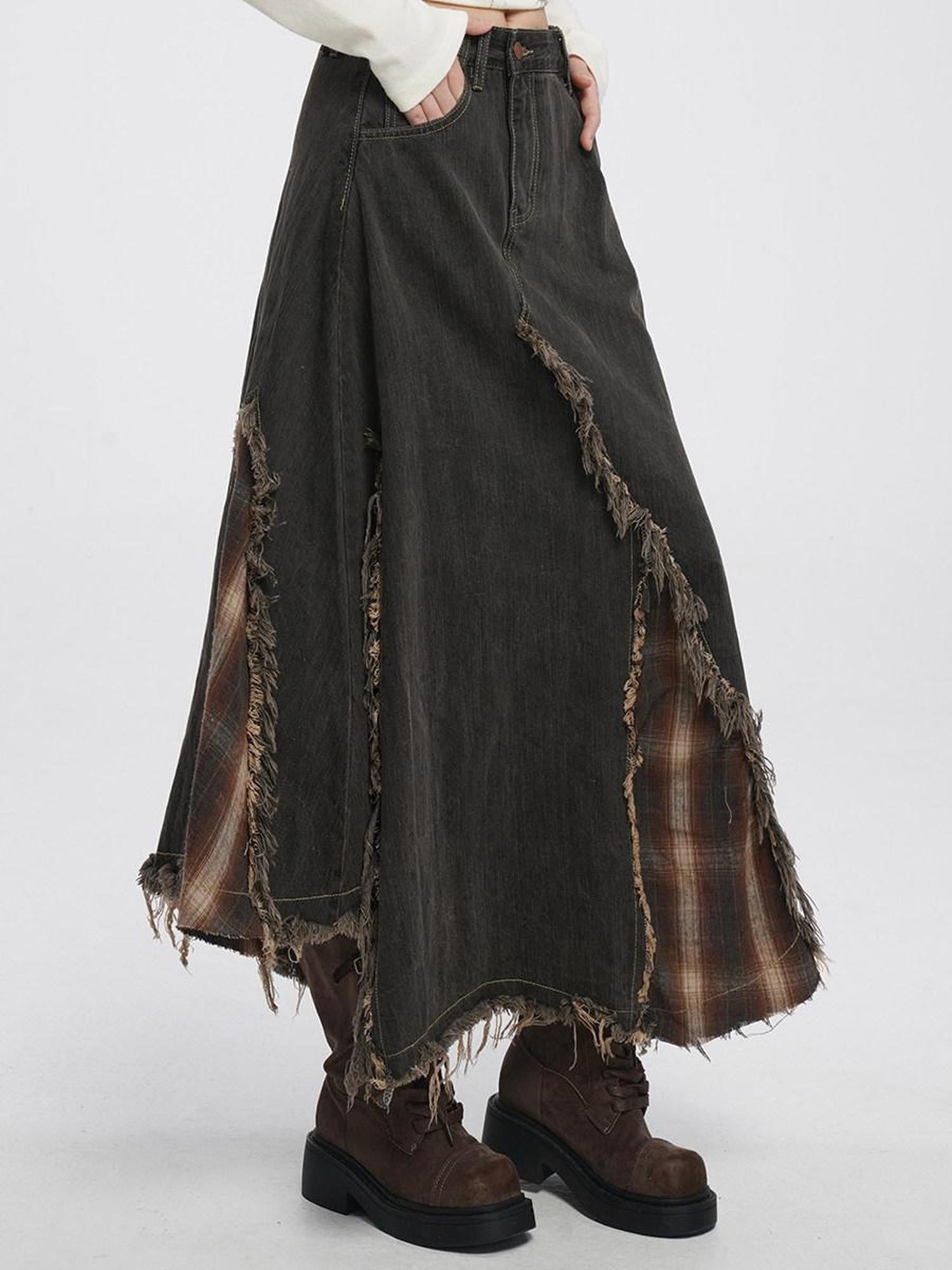 VEEMIX Smoky Gray Asymmetrical A Line Patchwork Distressed Women's Denim Maxi Skirts