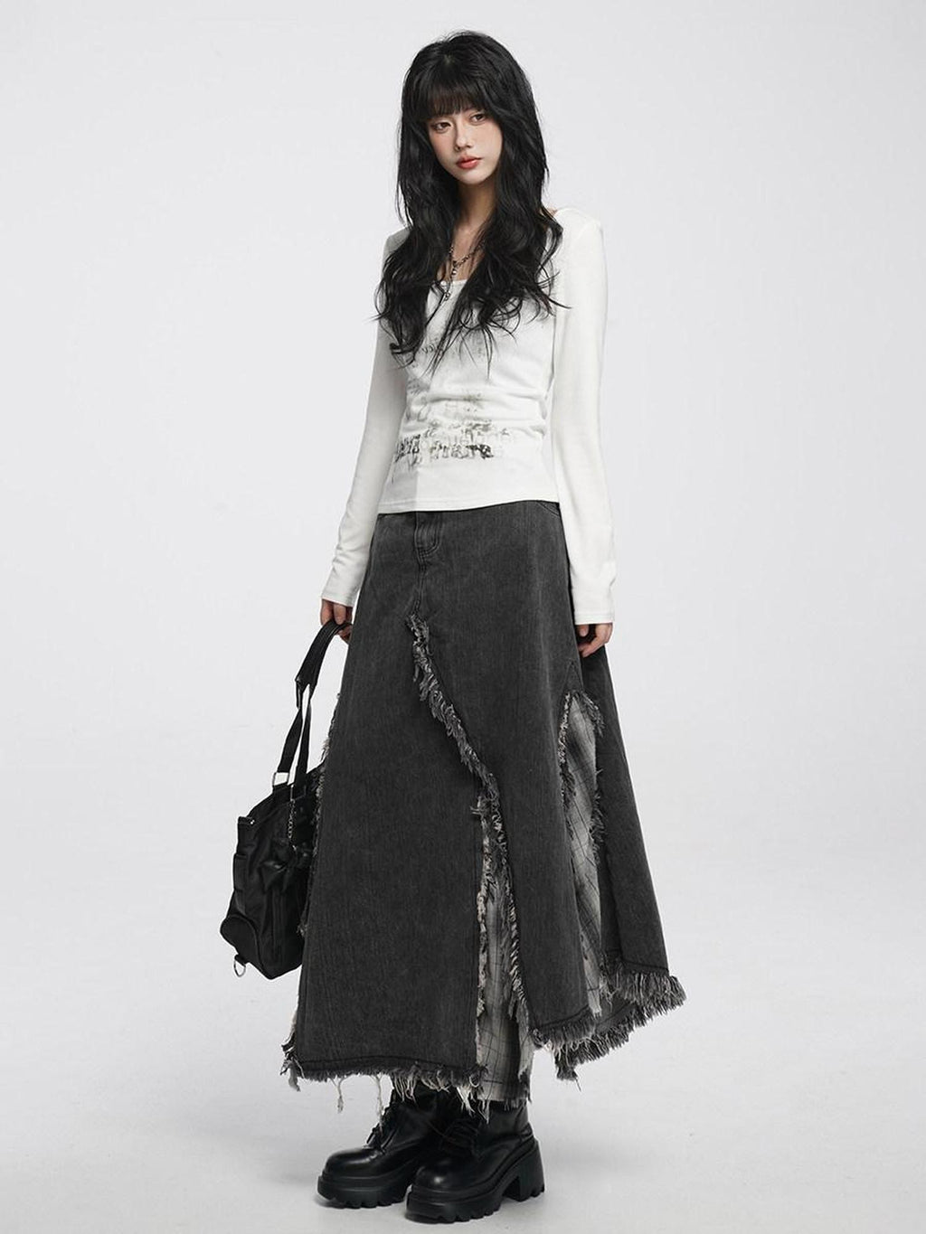 VEEMIX Smoky Gray Asymmetrical A Line Patchwork Distressed Women's Denim Maxi Skirts
