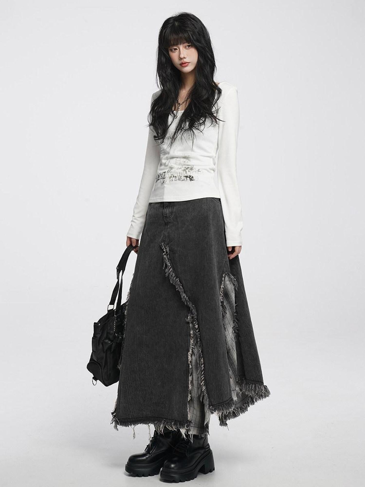 VEEMIX Smoky Gray Asymmetrical A Line Patchwork Distressed Women's Denim Maxi Skirts