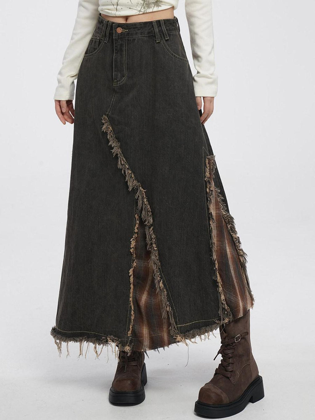 VEEMIX Smoky Gray Asymmetrical A Line Patchwork Distressed Women's Denim Maxi Skirts