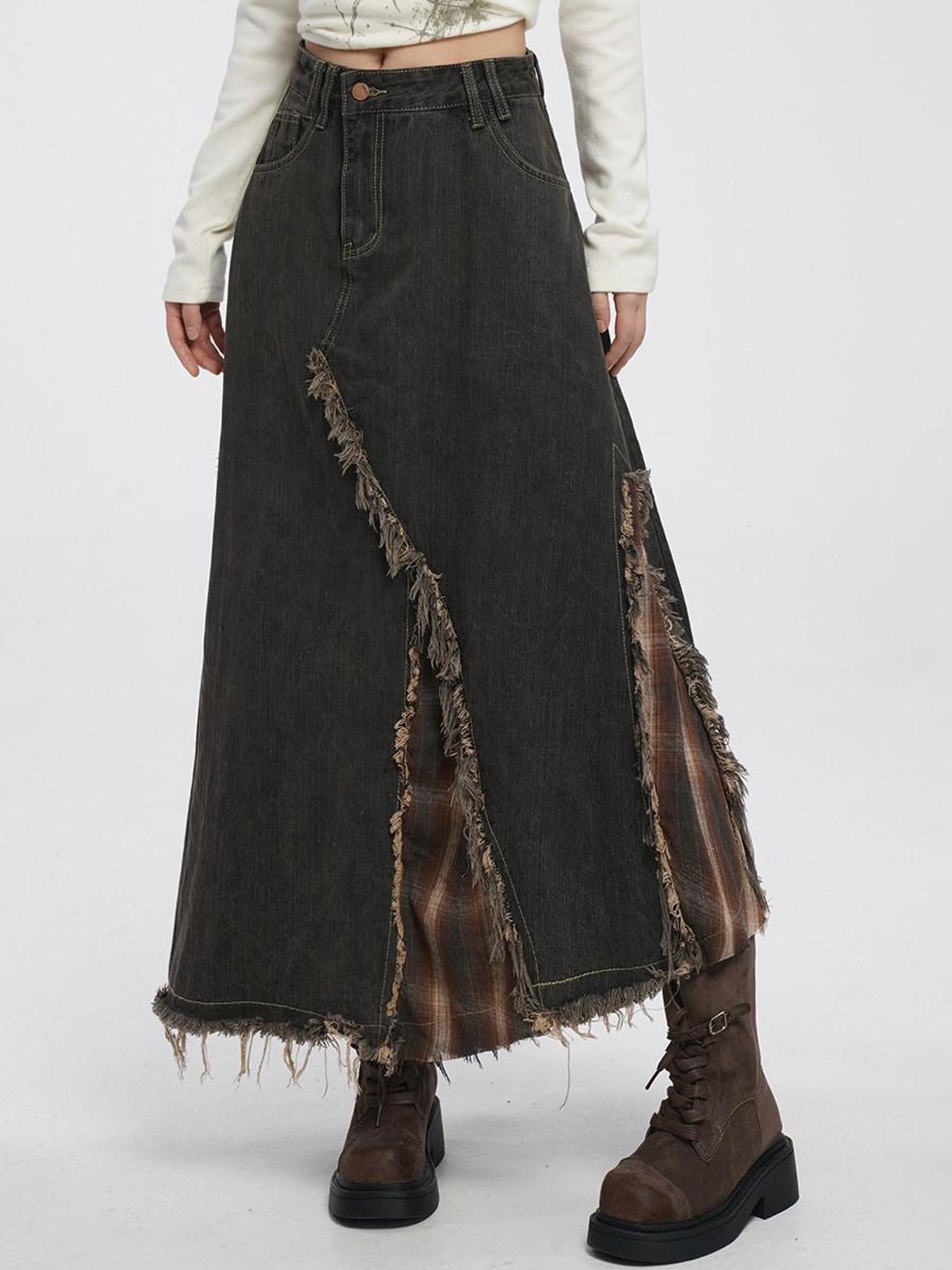 VEEMIX Smoky Gray Asymmetrical A Line Patchwork Distressed Women's Denim Maxi Skirts