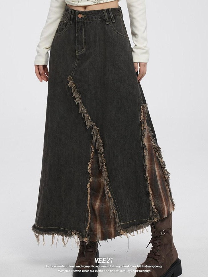 VEEMIX Smoky Gray Asymmetrical A Line Patchwork Distressed Women's Denim Maxi Skirts
