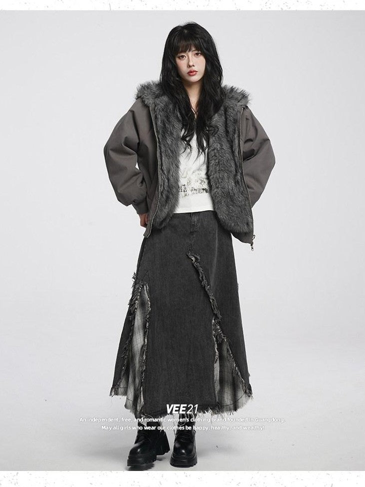 VEEMIX Smoky Gray Asymmetrical A Line Patchwork Distressed Women's Denim Maxi Skirts