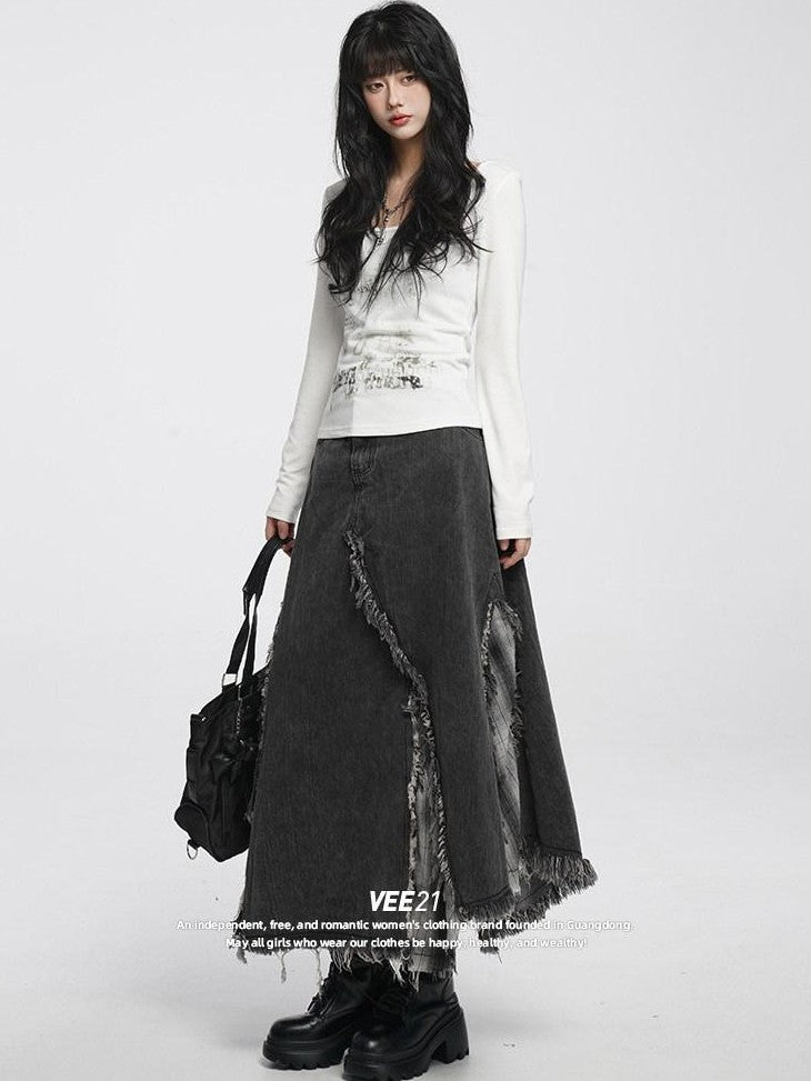 VEEMIX Smoky Gray Asymmetrical A Line Patchwork Distressed Women's Denim Maxi Skirts