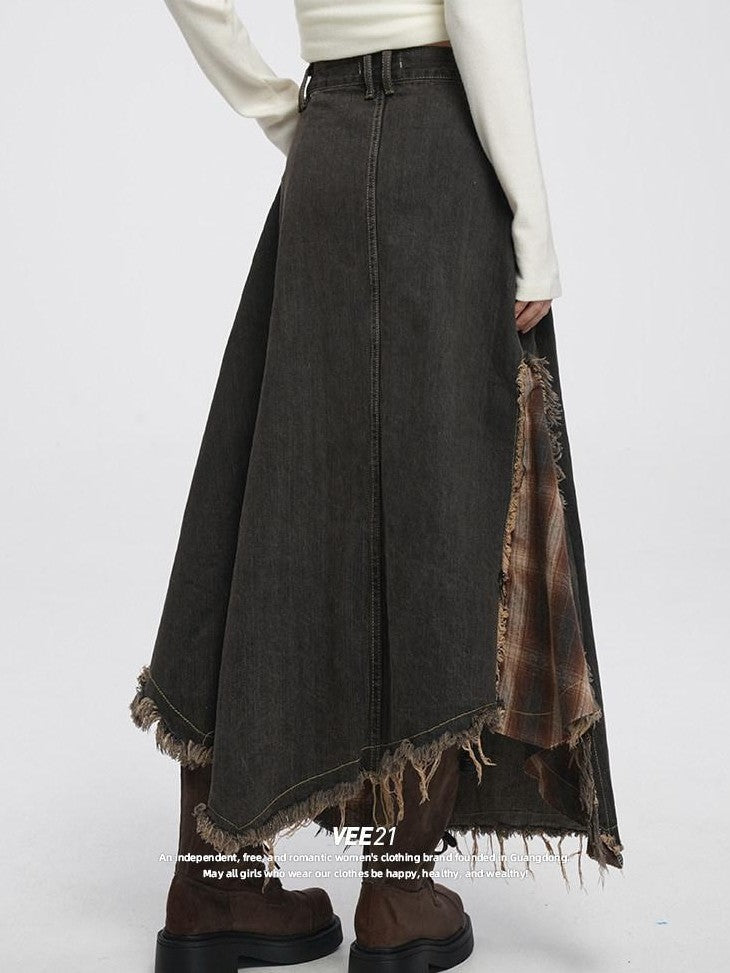 VEEMIX Smoky Gray Asymmetrical A Line Patchwork Distressed Women's Denim Maxi Skirts