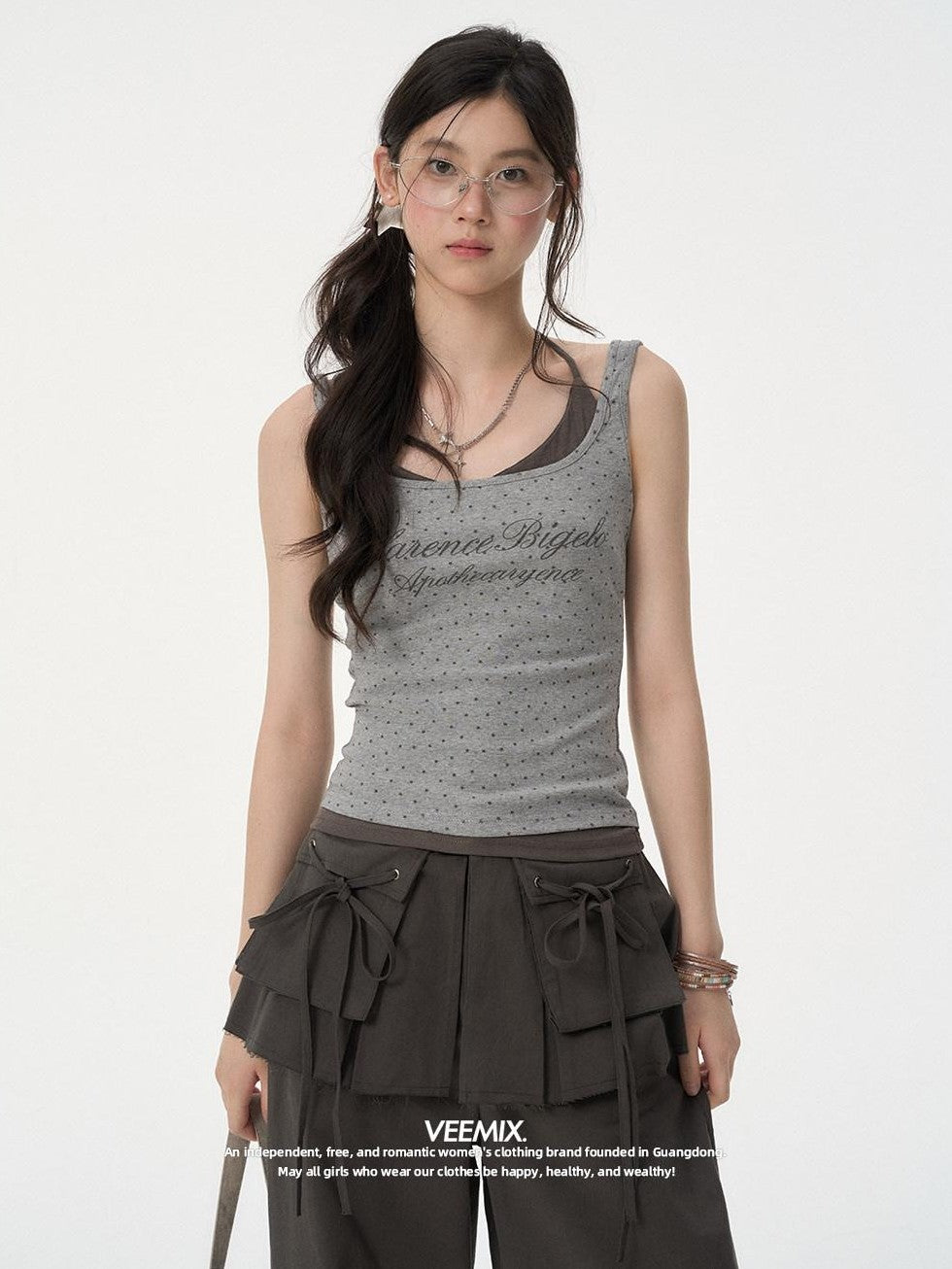 VEEMIX Star Print Halter Faux Two Piece Women's Cotton Blend Tank Tops